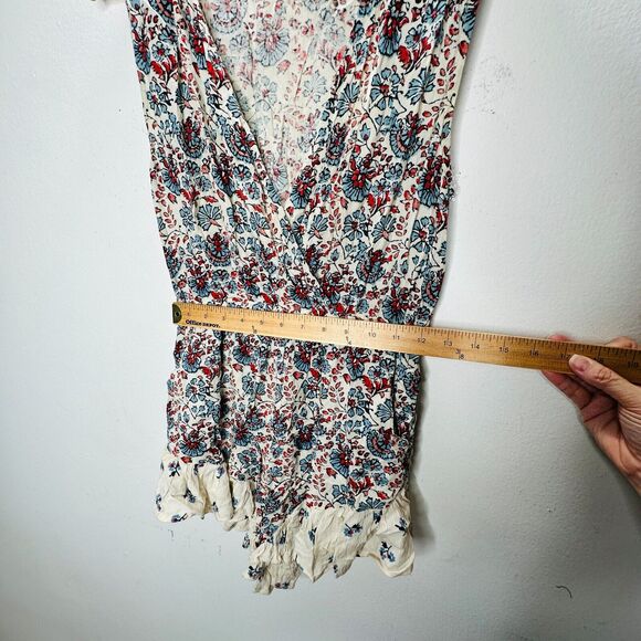 Billabong Cream Dusty Blue & Red Faux Wrap Deep-V Ruffle Hem Sleeveless Romper M - Picture 16 of 16